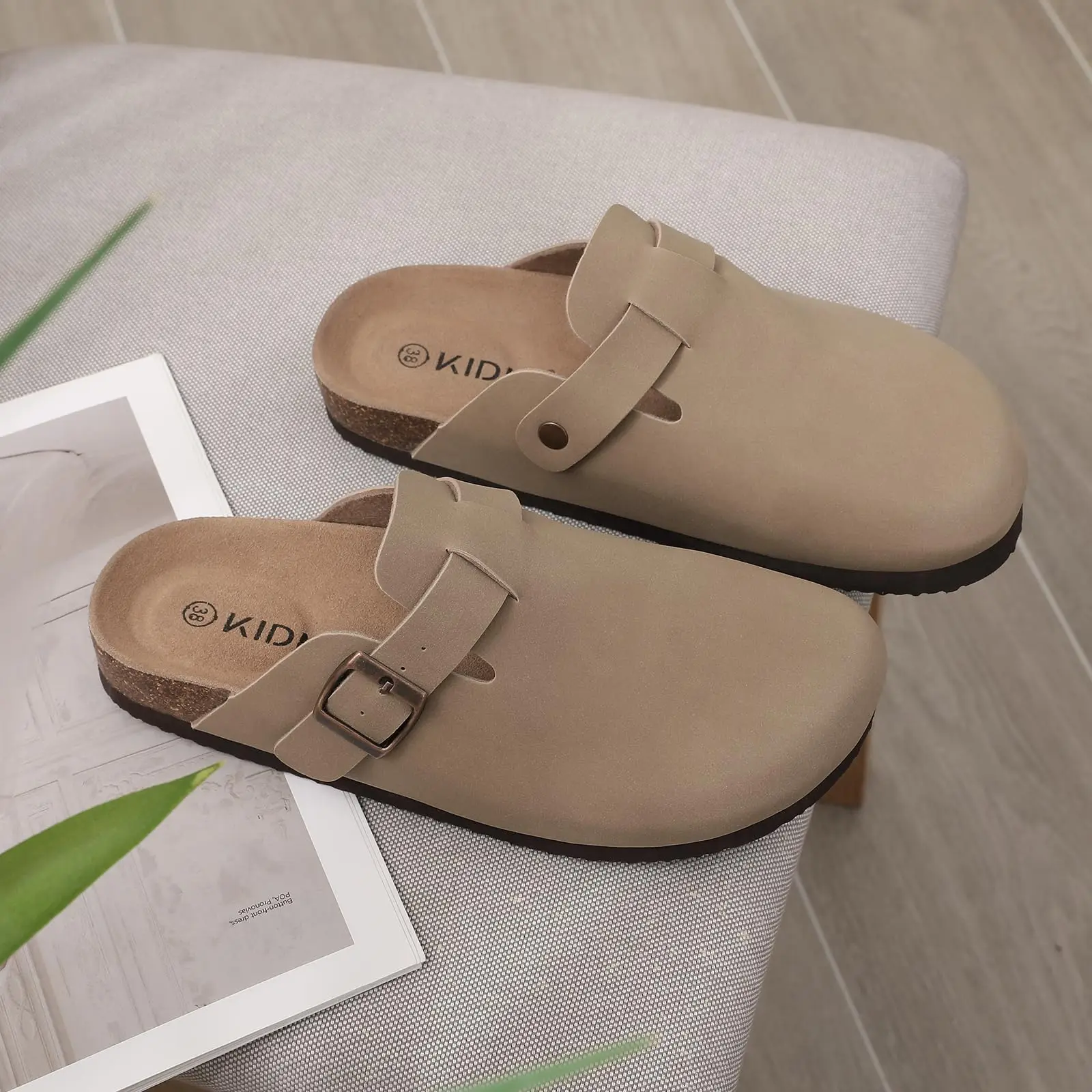 Comwarm Fashion Women's Suede Mules Slippers Men Clogs Cork Insole Sandals With Arch Support Outdoor Beach Slides Home