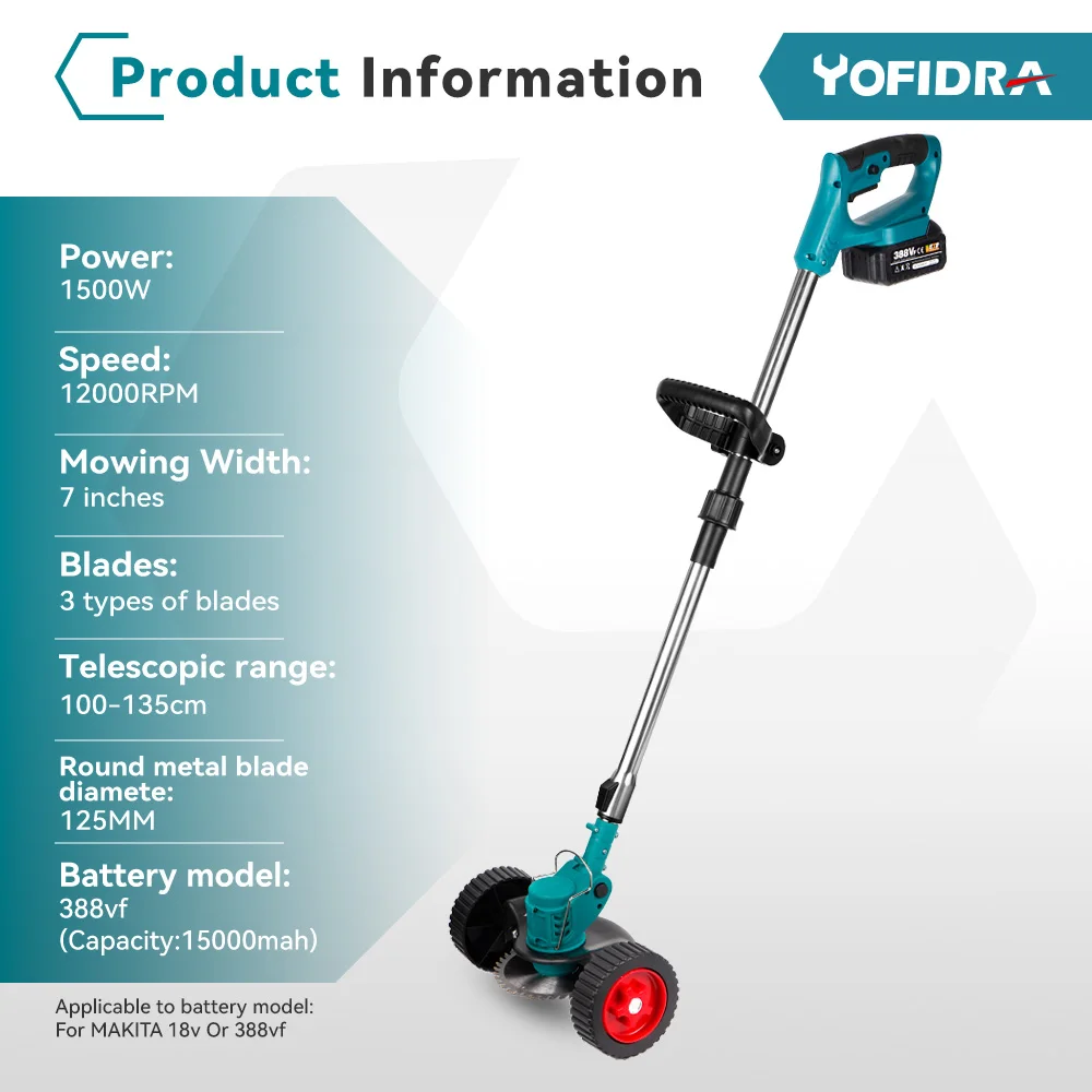 Cordless Electric Lawn Mower Foldable Adjustable Trimmer Efficient Garden Pruning Cutting Power Tools For Makita 18V