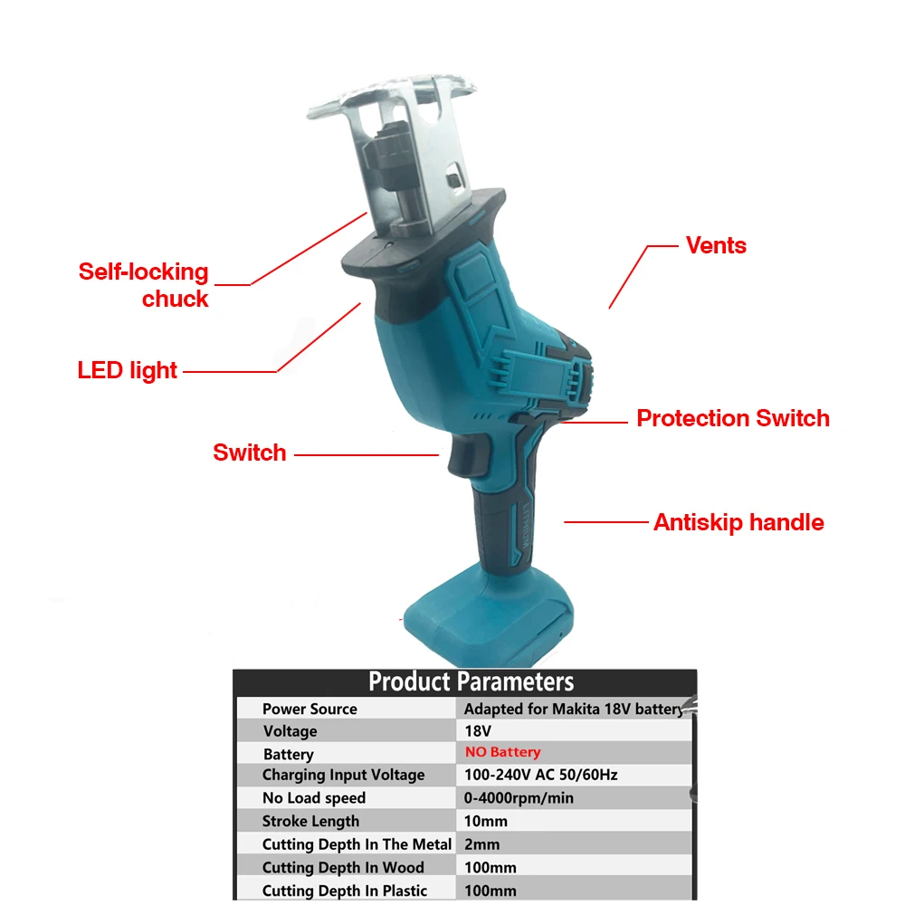 Cordless Electric Reciprocating Saw Wood Metal Cutting Saw Lithium Battery Saber Saw Portable Saw Power Tool For Makita Cordless Electric Reciprocating Saw Wood Metal Cutting Saw Lithium Battery Saber Saw Portable Saw Power Tool For Makita