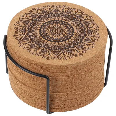 Cork Mandala Coasters with Holder (12 pcs)