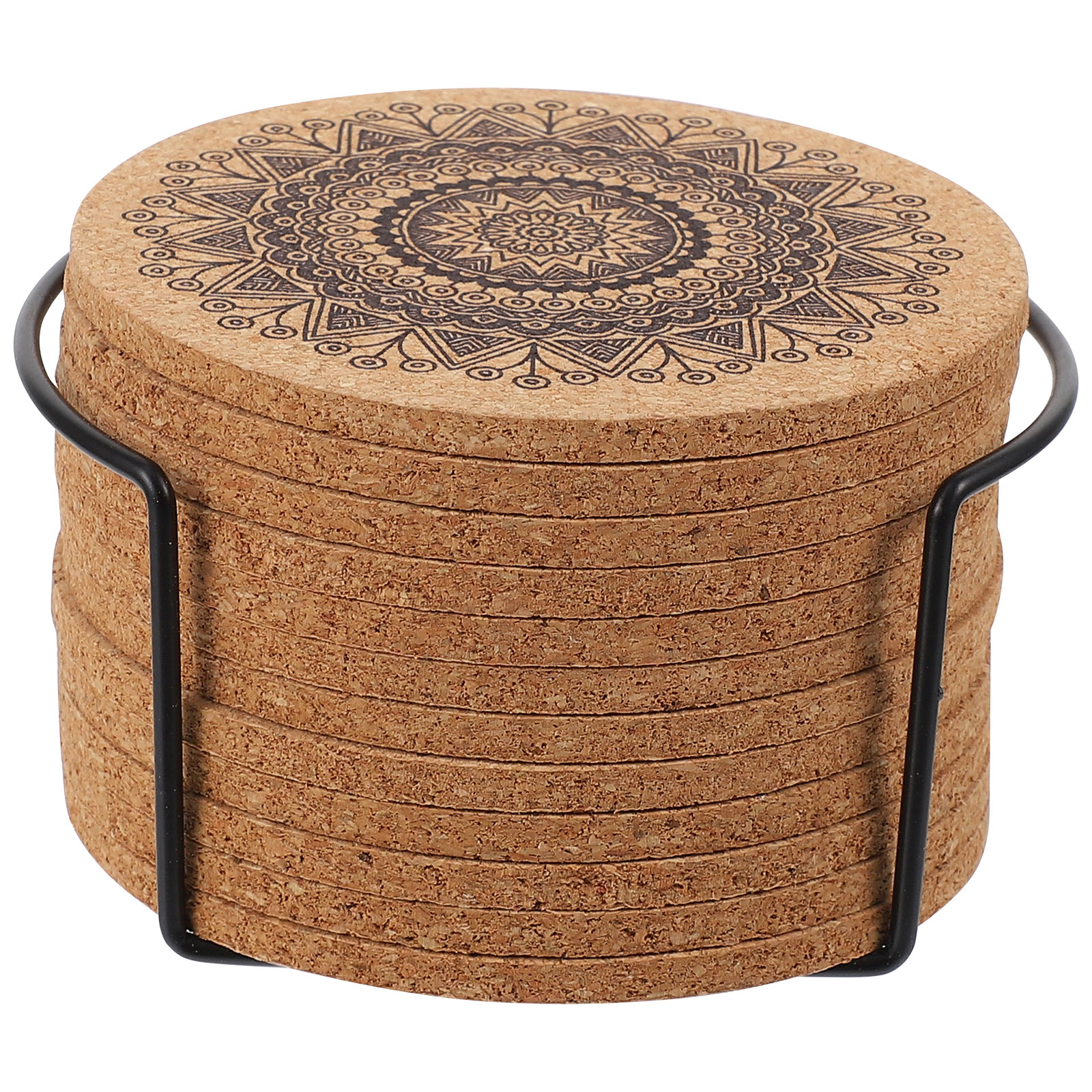 Cork Mandala Coasters with Holder (12 pcs)