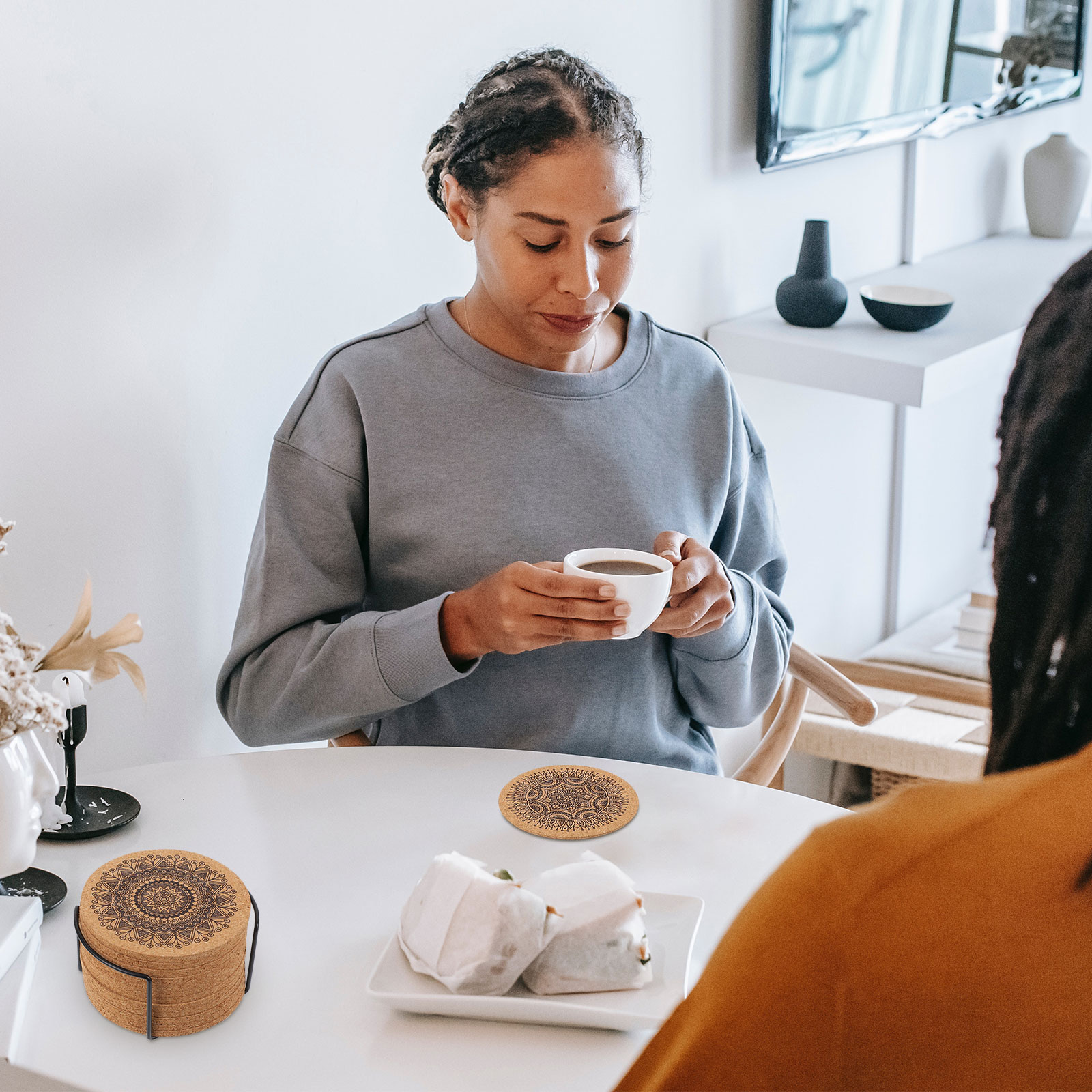 Cork Mandala Coasters with Holder (12 pcs)