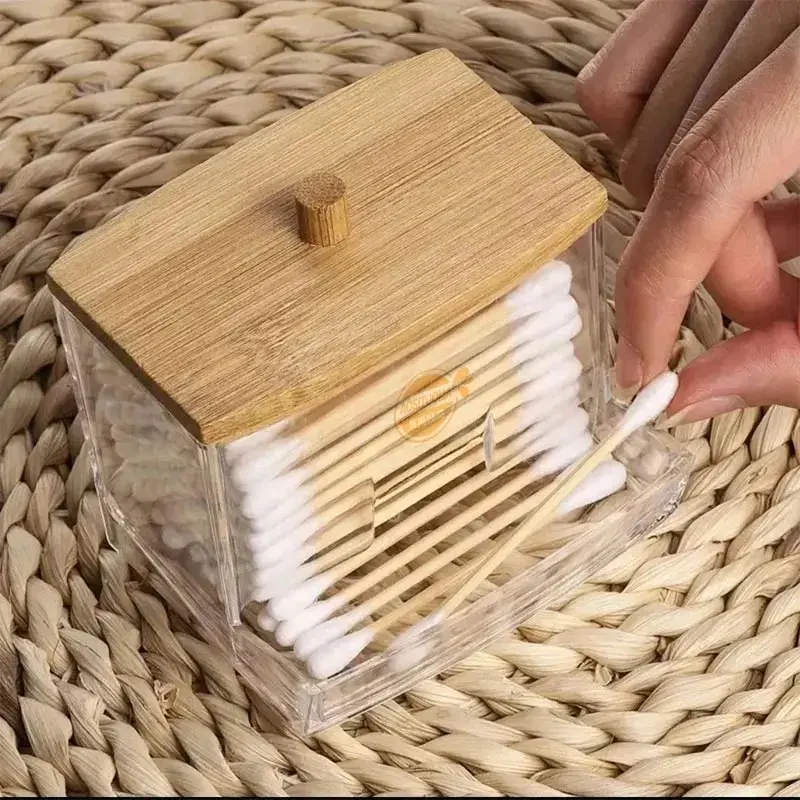 Cotton Swab Pads Holder Organize And Store Cotton Buds In Style With Wood Lid Cotton Swab Pads Holder Organize And Store Cotton Buds In Style With Wood Lid