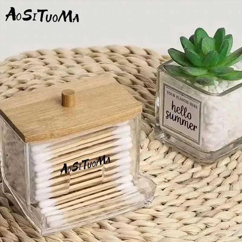 Cotton Swab Pads Holder Organize And Store Cotton Buds In Style With Wood Lid Cotton Swab Pads Holder Organize And Store Cotton Buds In Style With Wood Lid