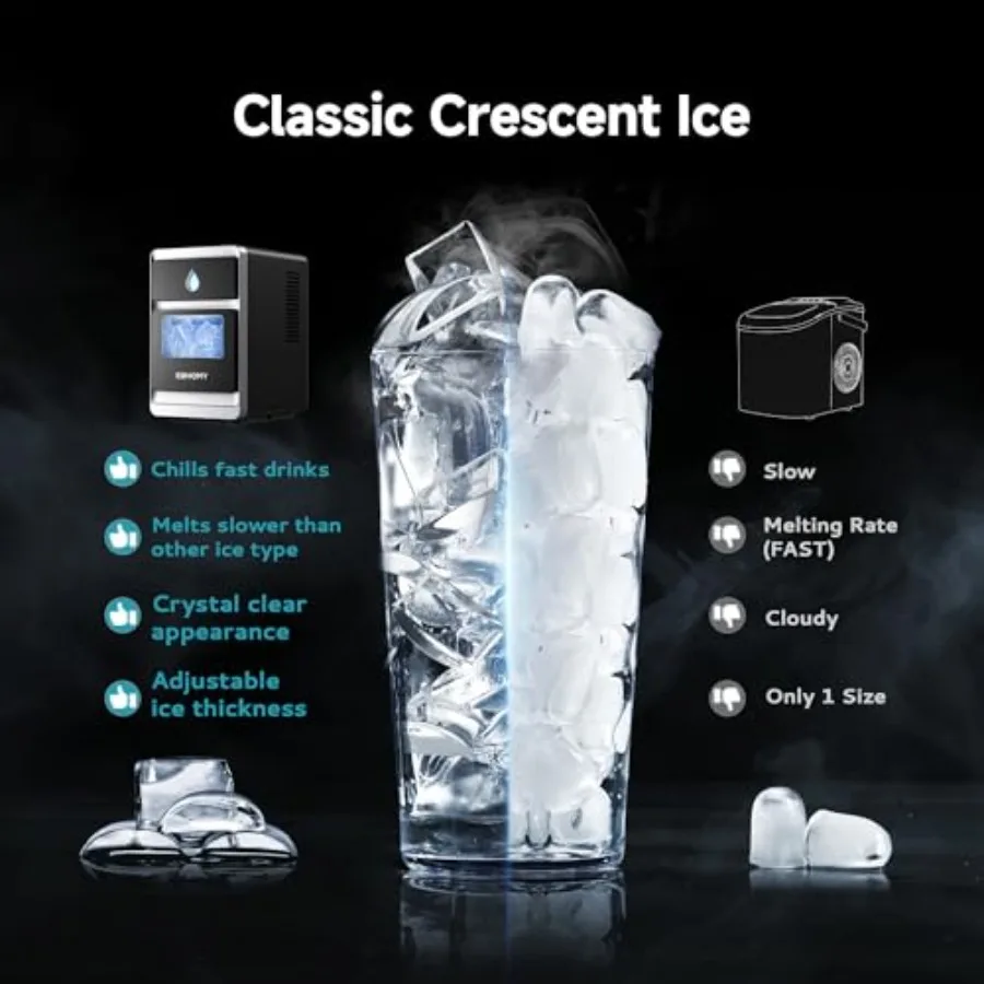 Countertop Ice Maker for Whiskey/Coffee/Soft Drinks, Stainless Steel, Silver, 16 pcs in 12 mins, 1600 pcs/day