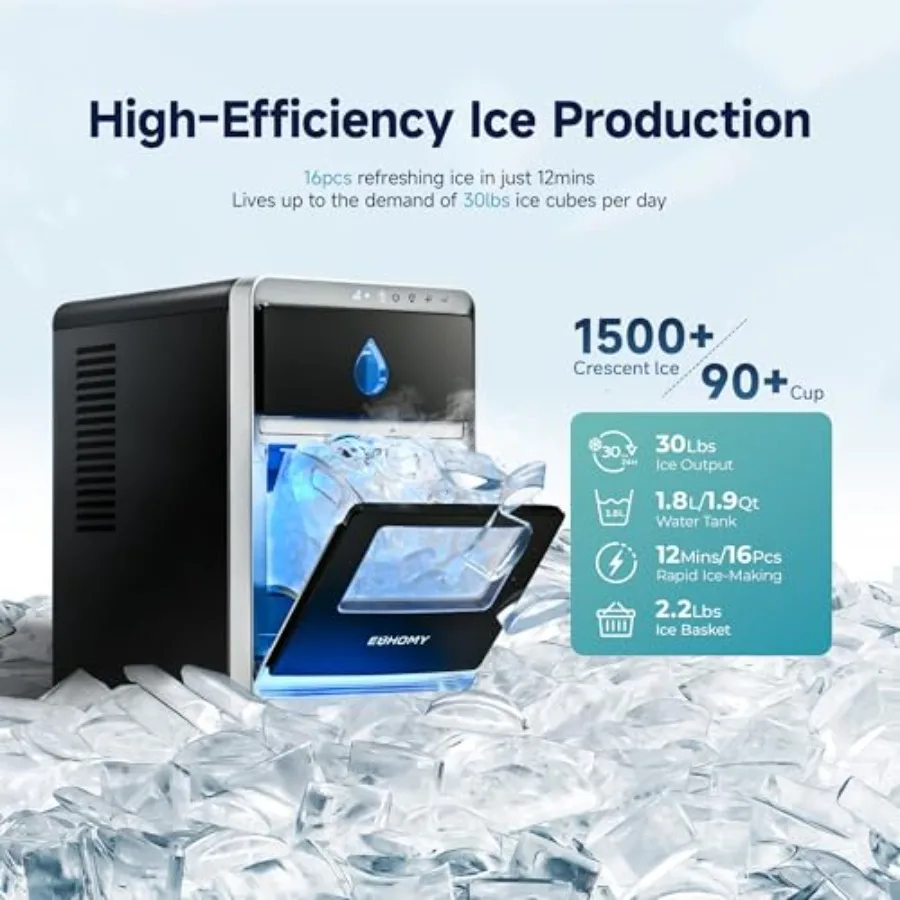 Countertop Ice Maker for Whiskey/Coffee/Soft Drinks, Stainless Steel, Silver, 16 pcs in 12 mins, 1600 pcs/day