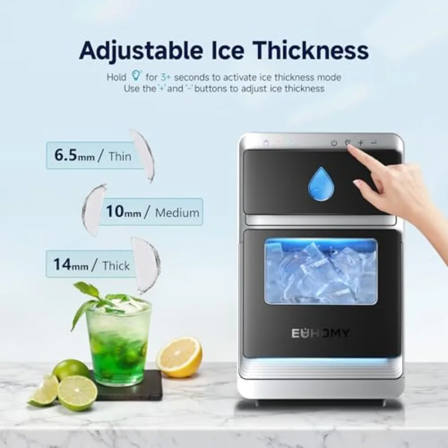 Countertop Ice Maker for Whiskey/Coffee/Soft Drinks, Stainless Steel, Silver, 16 pcs in 12 mins, 1600 pcs/day