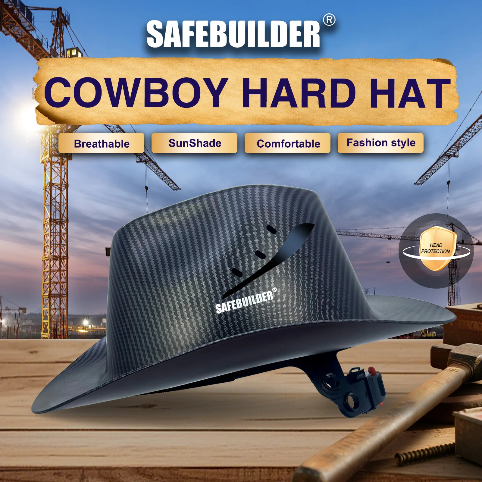 Cowboy Safety Hard Hat ANSI Z89.1 Class C Vented Full Brim Helmet for Outdoor Construction Industrial Use