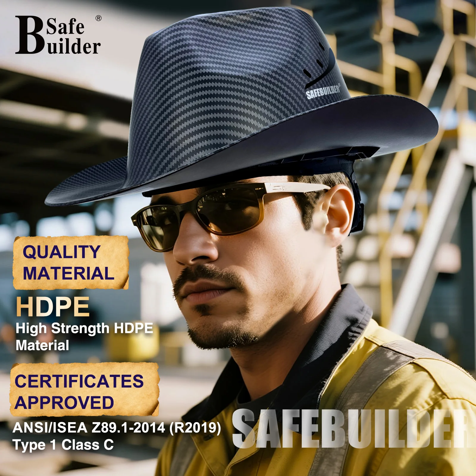 Cowboy Safety Hard Hat ANSI Z89.1 Class C Vented Full Brim Helmet for Outdoor Construction Industrial Use