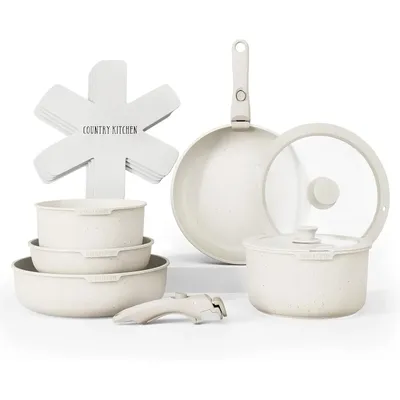 Creamcolored Cookware Set with Removable Handles for Oven and RV Use Durable NonStick Pots and Pans Ideal for Home