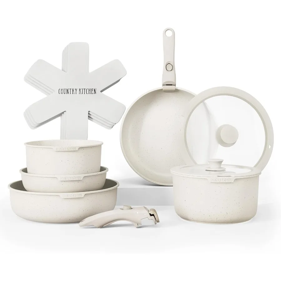 Creamcolored Cookware Set with Removable Handles for Oven and RV Use Durable NonStick Pots and Pans Ideal for Home