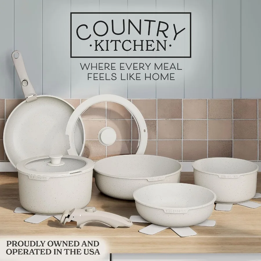 Creamcolored Cookware Set with Removable Handles for Oven and RV Use Durable NonStick Pots and Pans Ideal for Home