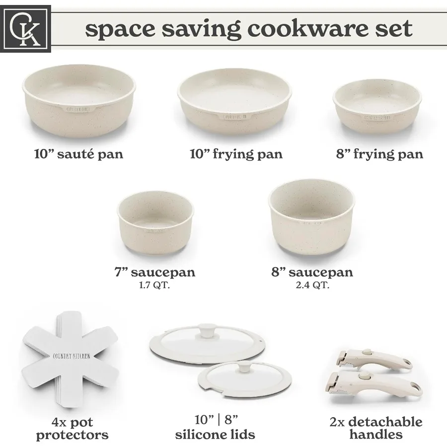 Creamcolored Cookware Set with Removable Handles for Oven and RV Use Durable NonStick Pots and Pans Ideal for Home