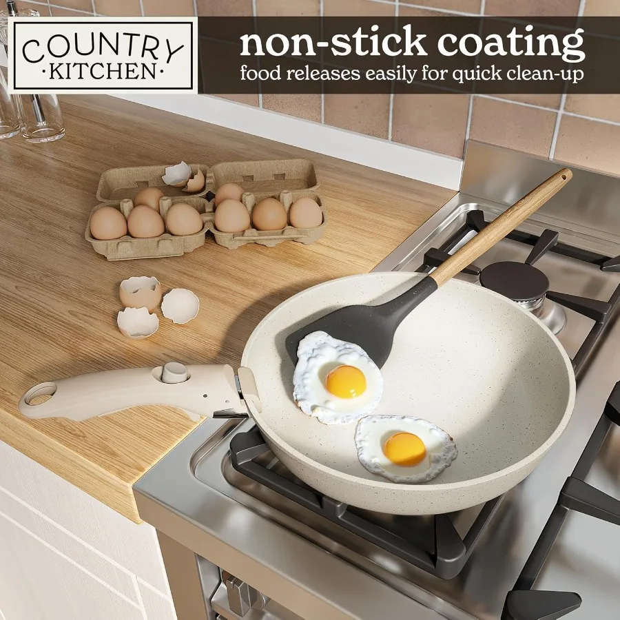 Creamcolored Cookware Set with Removable Handles for Oven and RV Use Durable NonStick Pots and Pans Ideal for Home
