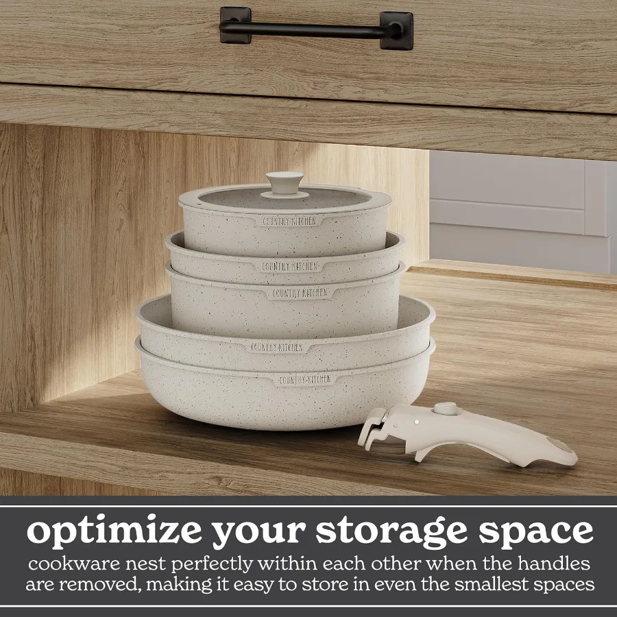Creamcolored Cookware Set with Removable Handles for Oven and RV Use Durable NonStick Pots and Pans Ideal for Home