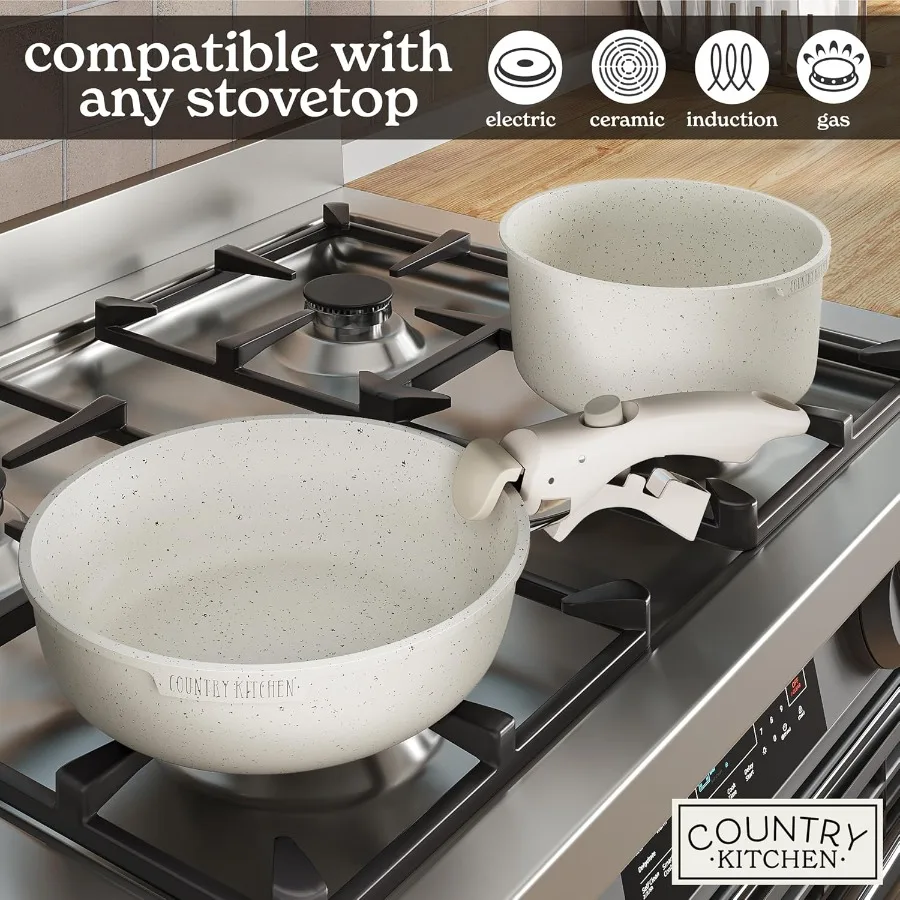 Creamcolored Cookware Set with Removable Handles for Oven and RV Use Durable NonStick Pots and Pans Ideal for Home
