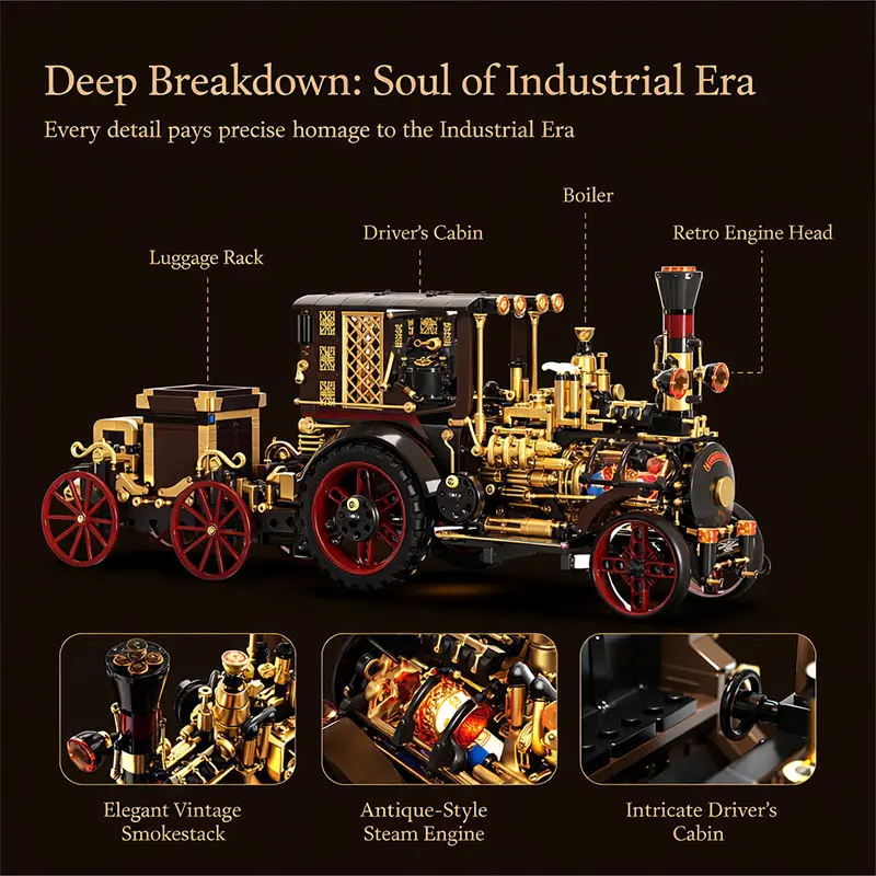 Creative 1331Pcs Vintage Mechanical Steam Car Building Blocks City Retro Steam Punk Vehicle Desktop Decoration Bricks