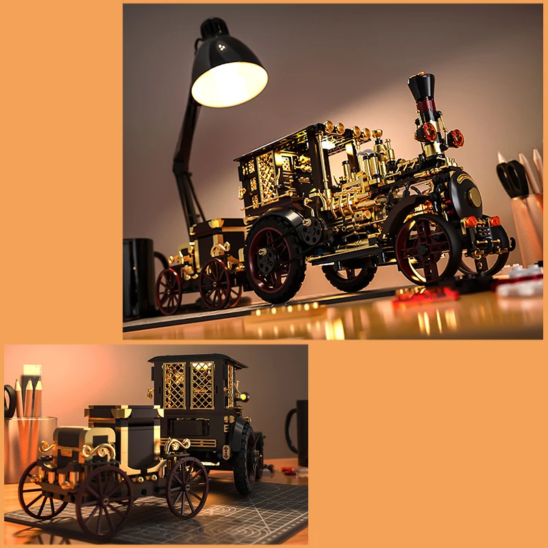 Creative 1331Pcs Vintage Mechanical Steam Car Building Blocks City Retro Steam Punk Vehicle Desktop Decoration Bricks