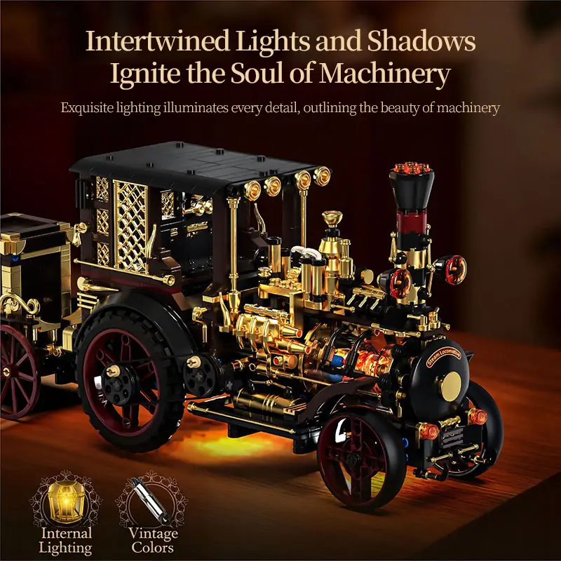Creative 1331Pcs Vintage Mechanical Steam Car Building Blocks City Retro Steam Punk Vehicle Desktop Decoration Bricks