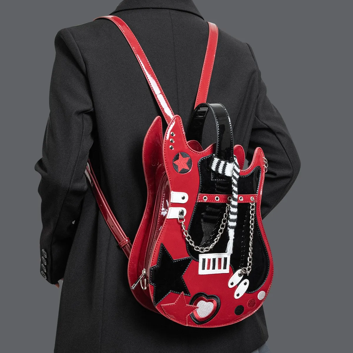 Creative Color Block Pink Silver Guitar Bag Street Style PVC Shoulder Crossbody Backpack Sweet Heart Bag Street Trend