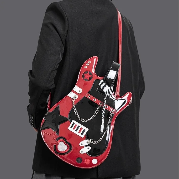 Creative Color Block Pink Silver Guitar Bag Street Style PVC Shoulder Crossbody Backpack Sweet Heart Bag Street Trend