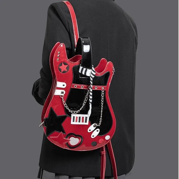 Creative Color Block Pink Silver Guitar Bag Street Style PVC Shoulder Crossbody Backpack Sweet Heart Bag Street Trend