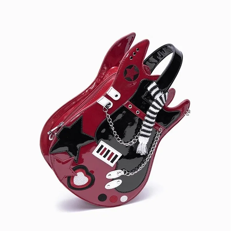 Creative Color Block Pink Silver Guitar Bag Street Style PVC Shoulder Crossbody Backpack Sweet Heart Bag Street Trend