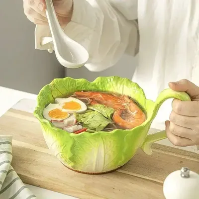 Creative Jade Cabbage Shaped Bowl With Handle Household Dining Ceramic High-capacity Soup Bowls Dormitory Microwavable Creative Jade Cabbage Shaped Bowl With Handle Household Dining Ceramic High-capacity Soup Bowls Dormitory Microwavable