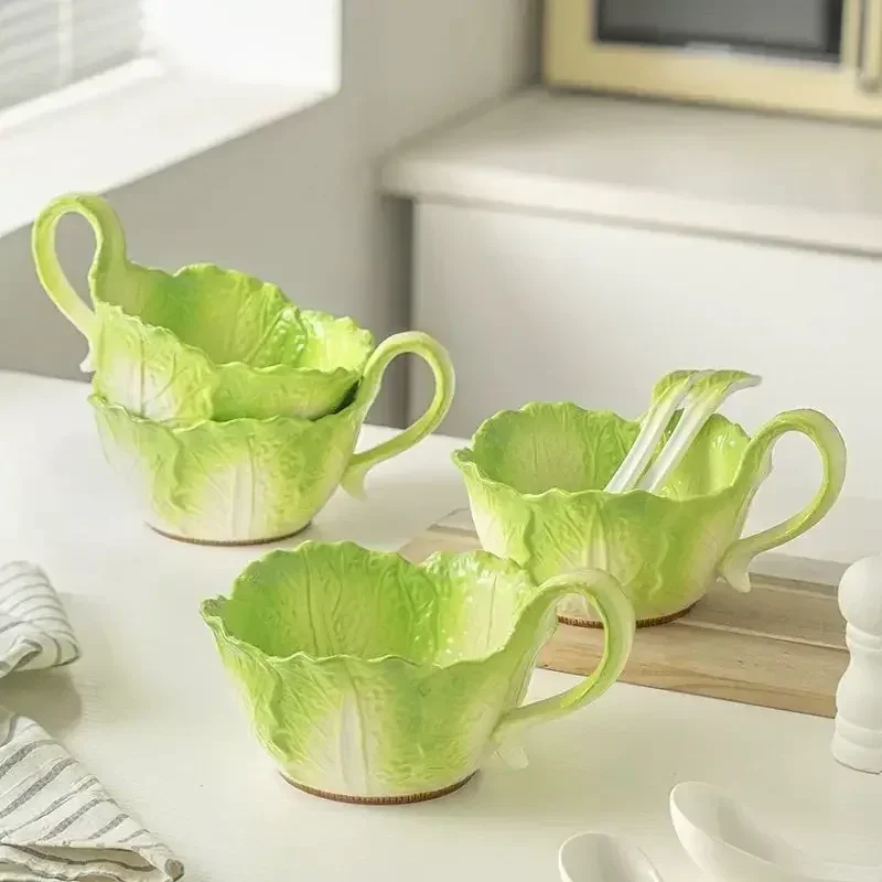 Creative Jade Cabbage Shaped Bowl With Handle Household Dining Ceramic High-capacity Soup Bowls Dormitory Microwavable Creative Jade Cabbage Shaped Bowl With Handle Household Dining Ceramic High-capacity Soup Bowls Dormitory Microwavable