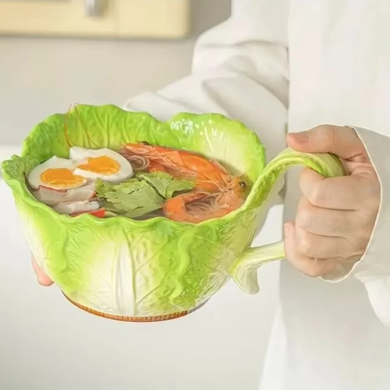 Creative Jade Cabbage Shaped Bowl With Handle Household Dining Ceramic High-capacity Soup Bowls Dormitory Microwavable Creative Jade Cabbage Shaped Bowl With Handle Household Dining Ceramic High-capacity Soup Bowls Dormitory Microwavable