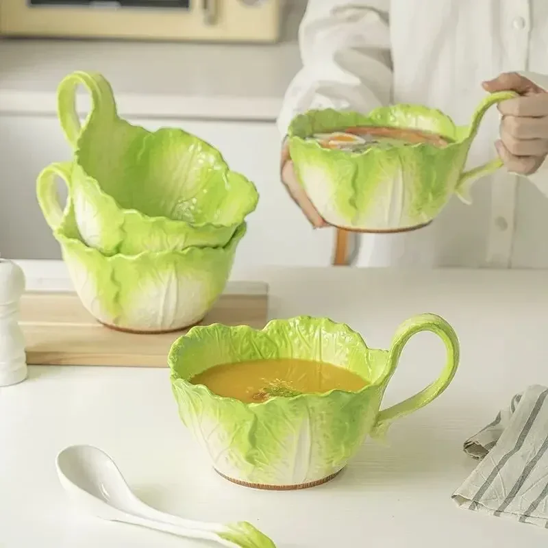 Creative Jade Cabbage Shaped Bowl With Handle Household Dining Ceramic High-capacity Soup Bowls Dormitory Microwavable Creative Jade Cabbage Shaped Bowl With Handle Household Dining Ceramic High-capacity Soup Bowls Dormitory Microwavable