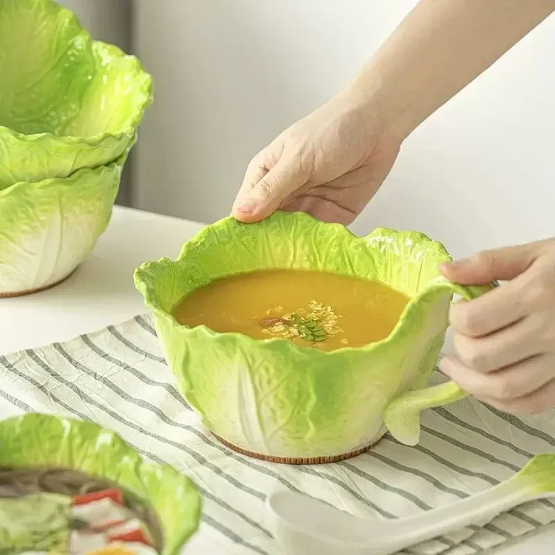 Creative Jade Cabbage Shaped Bowl With Handle Household Dining Ceramic High-capacity Soup Bowls Dormitory Microwavable Creative Jade Cabbage Shaped Bowl With Handle Household Dining Ceramic High-capacity Soup Bowls Dormitory Microwavable