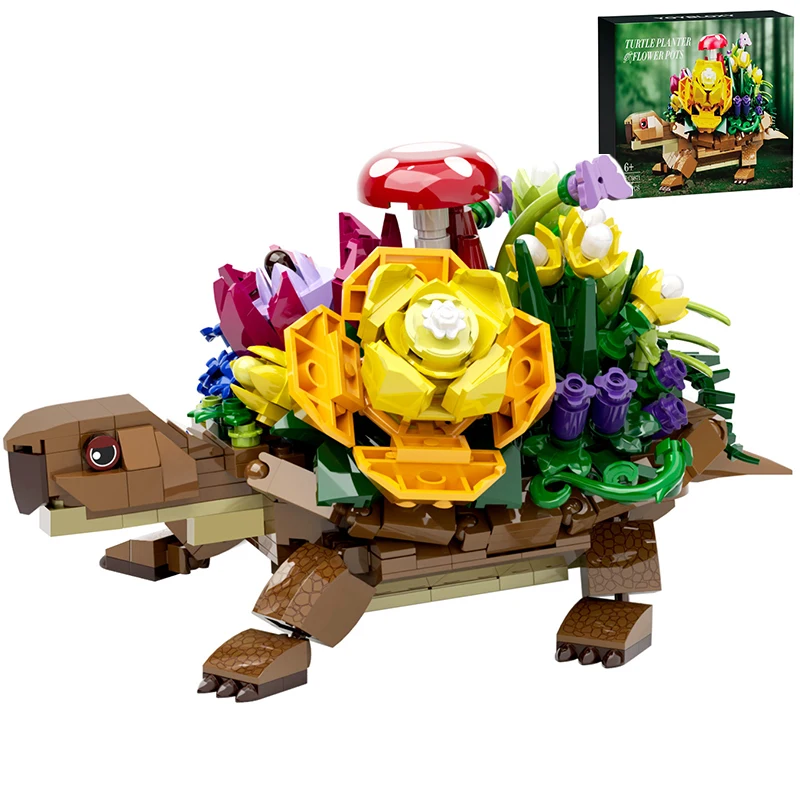 Creative Turtle Plantered Flowered Potsed Building Blocks Set Animal Flower Planter Desktop Decorat Brick Building Toy