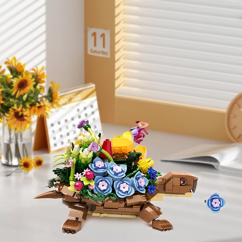 Creative Turtle Plantered Flowered Potsed Building Blocks Set Animal Flower Planter Desktop Decorat Brick Building Toy