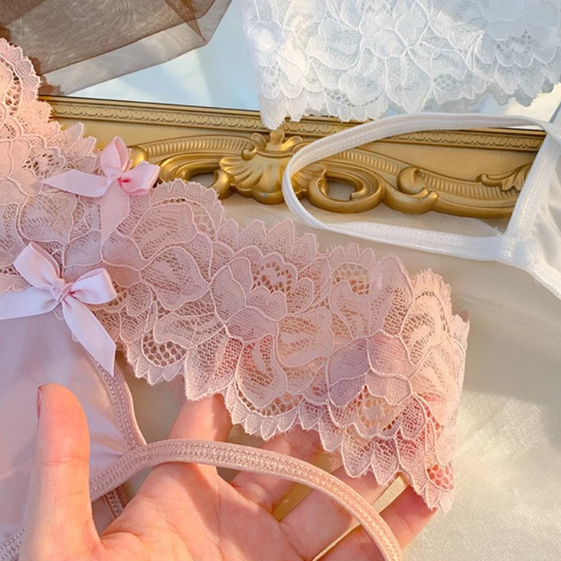 Cross Belt Lace Transparent Sexy Underpants Women's Low Waist Mesh Hollowed Bow Panties Cotton Breathable Briefs