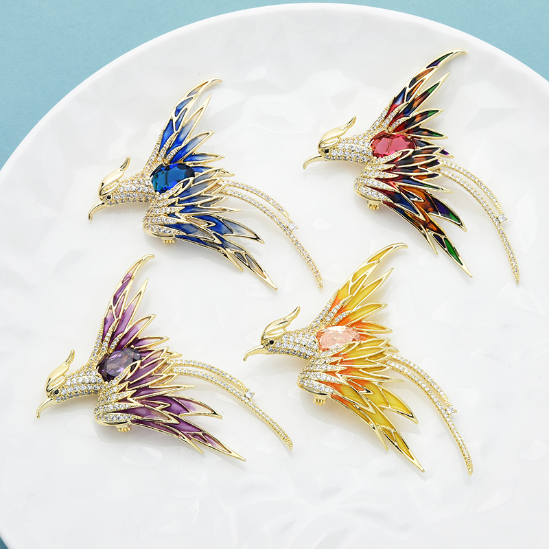 Crystal Phoenix Bird Brooches For Women Men 5 Color Enamel Flying Beauty Bird Party Office Brooch Pin Gifts