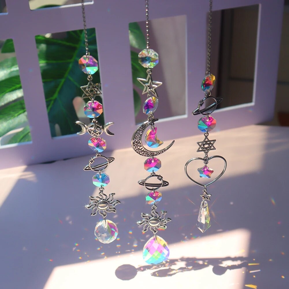Crystal Wind Chime Moon Sun Catcher Diamond Prisms Pendant Dream Catcher Rainbow Hanging Drop Home Garden Decor
