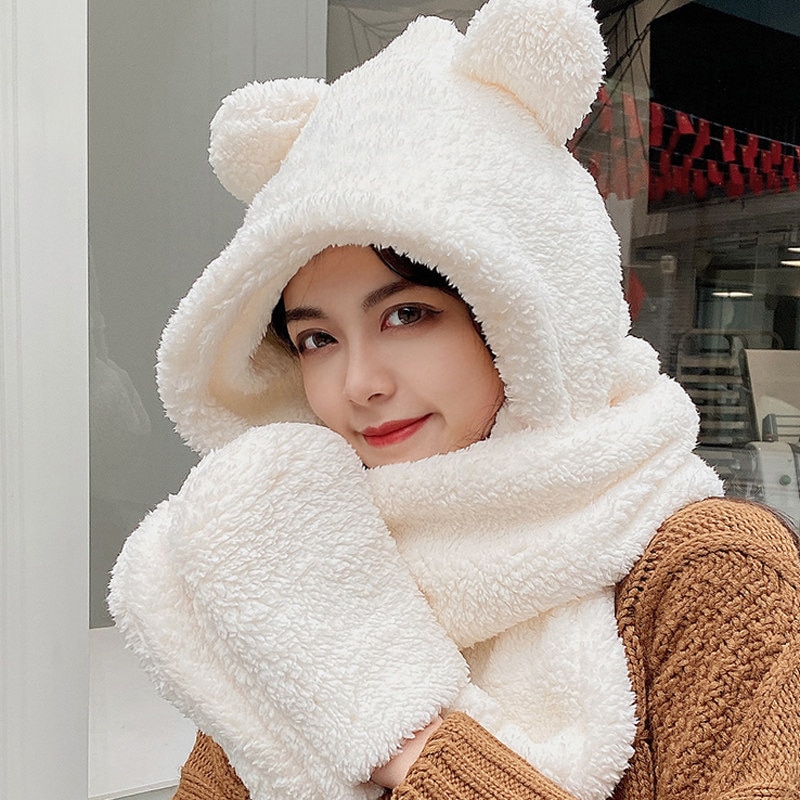 Cute Bear Ear Hat Scarf Gloves Set Winter Women Beanies Caps Warm Casual Plush Hats Casual Solid Fleece Girl Kawaii