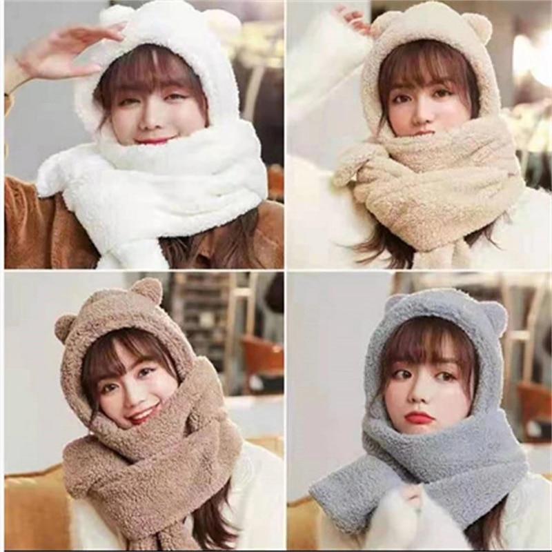 Cute Bear Ear Hat Scarf Gloves Set Winter Women Beanies Caps Warm Casual Plush Hats Casual Solid Fleece Girl Kawaii Cute Bear Ear Hat Scarf Gloves Set Winter Women Beanies Caps Warm Casual Plush Hats Casual Solid Fleece Girl Kawaii