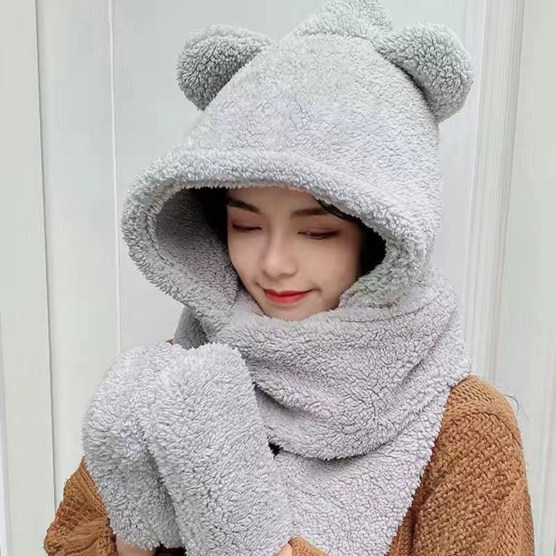 Cute Bear Ear Hat Scarf Gloves Set Winter Women Beanies Caps Warm Casual Plush Hats Casual Solid Fleece Girl Kawaii Cute Bear Ear Hat Scarf Gloves Set Winter Women Beanies Caps Warm Casual Plush Hats Casual Solid Fleece Girl Kawaii