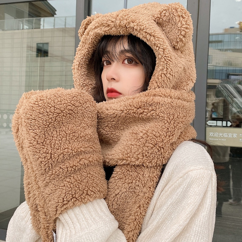 Cute Bear Ear Hat Scarf Gloves Set Winter Women Beanies Caps Warm Casual Plush Hats Casual Solid Fleece Girl Kawaii Cute Bear Ear Hat Scarf Gloves Set Winter Women Beanies Caps Warm Casual Plush Hats Casual Solid Fleece Girl Kawaii