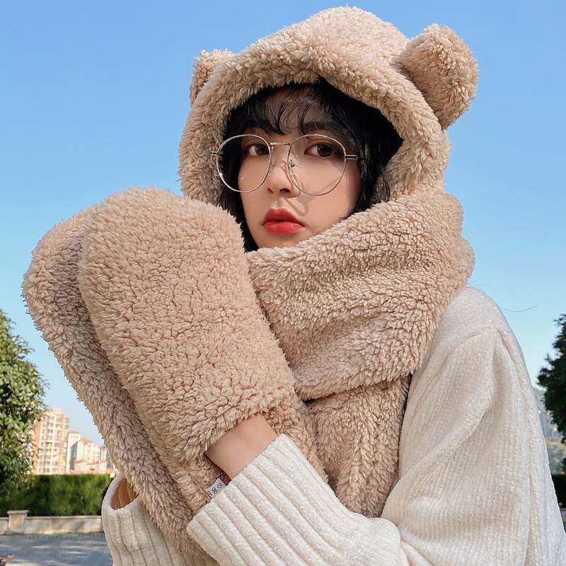Cute Bear Ear Hat Scarf Gloves Set Winter Women Beanies Caps Warm Casual Plush Hats Casual Solid Fleece Girl Kawaii Cute Bear Ear Hat Scarf Gloves Set Winter Women Beanies Caps Warm Casual Plush Hats Casual Solid Fleece Girl Kawaii