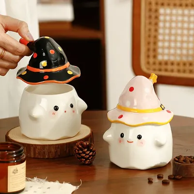 Cute Ceramic Ghost Coffee Mug with Lid