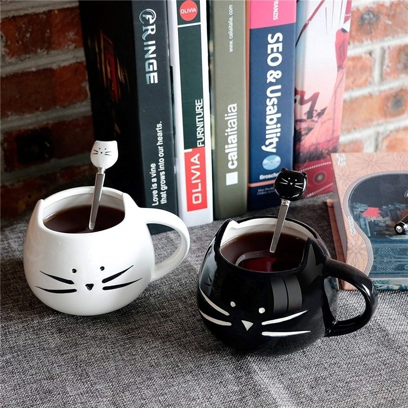 Cute Ceramic Kitten Mug with Spoon
