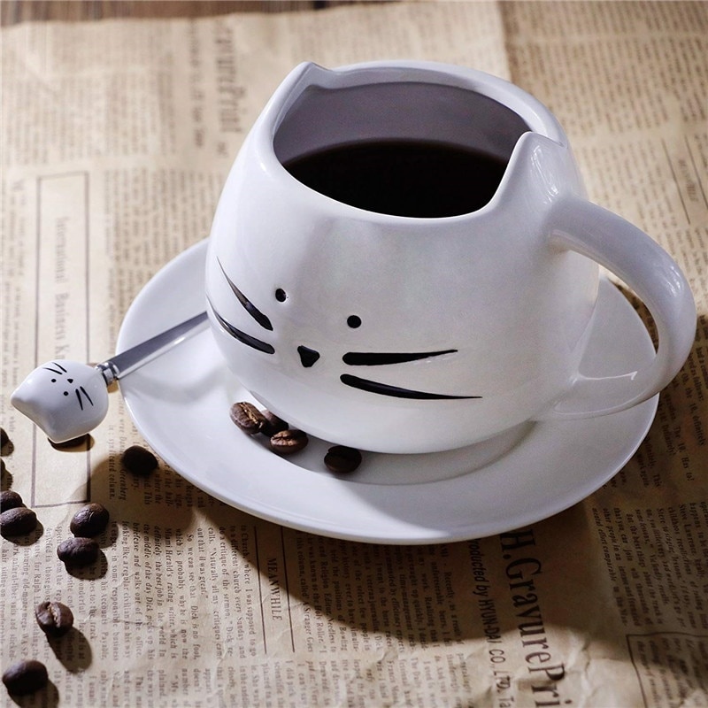 Cute Ceramic Kitten Mug with Spoon