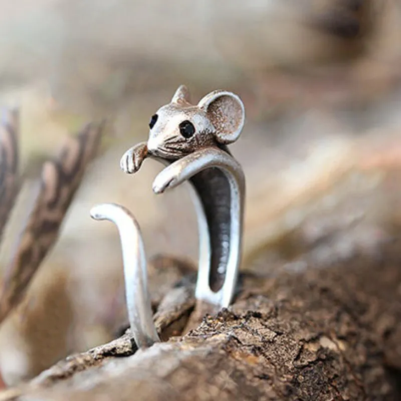Cute Mouse Shape Open Ring for Women Antique Silver Color Modern Fashion Girls Finger Accessories Hip Hop Party Jewelry