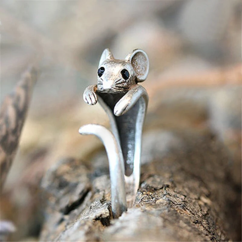 Cute Mouse Shape Open Ring for Women Antique Silver Color Modern Fashion Girls Finger Accessories Hip Hop Party Jewelry