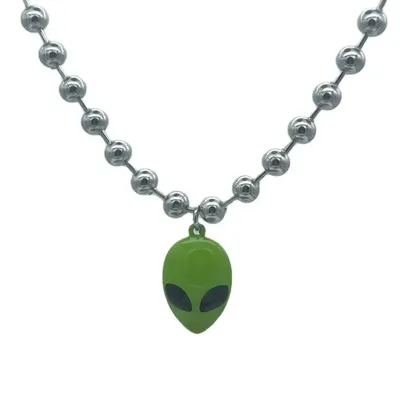 Cyber Chunky Bead Chain Green Alien Face Charm Choker Necklace 90's Punk Gothic UFO Choker Necklace for Women Men