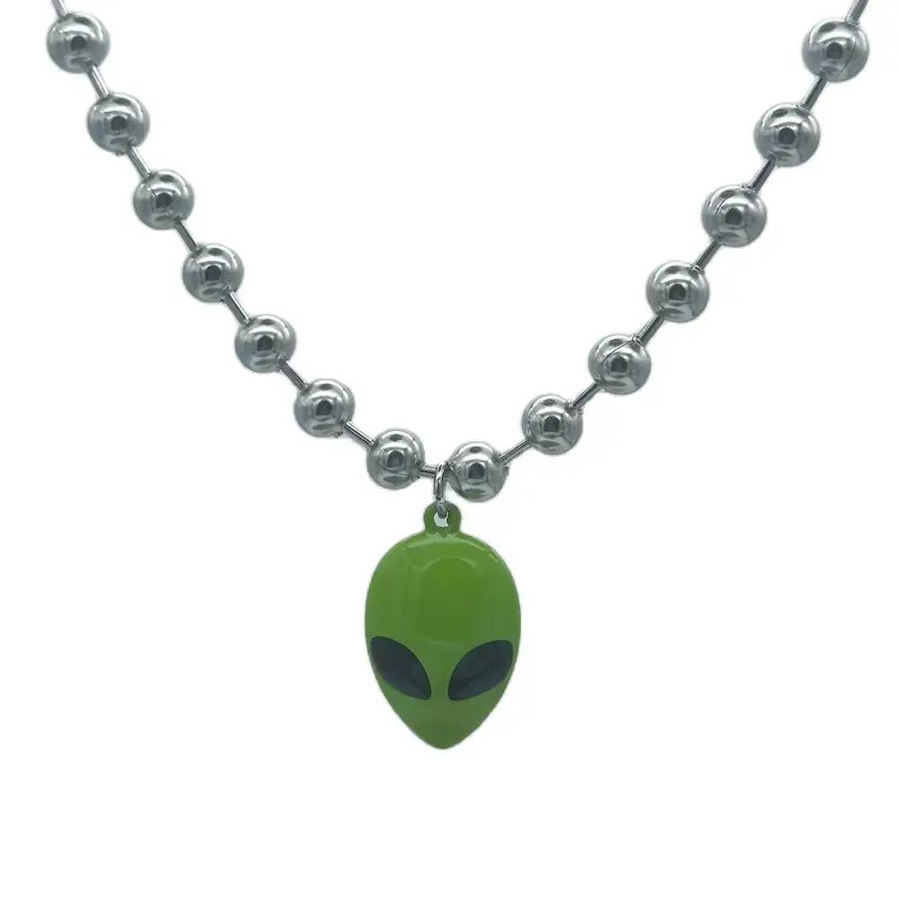Cyber Chunky Bead Chain Green Alien Face Charm Choker Necklace 90's Punk Gothic UFO Choker Necklace for Women Men Cyber Chunky Bead Chain Green Alien Face Charm Choker Necklace 90's Punk Gothic UFO Choker Necklace for Women Men