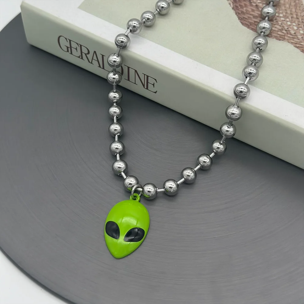 Cyber Chunky Bead Chain Green Alien Face Charm Choker Necklace 90's Punk Gothic UFO Choker Necklace for Women Men